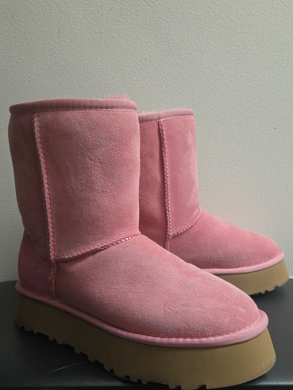 UGG Pink Suede Platform Short Boots with Tan Platform